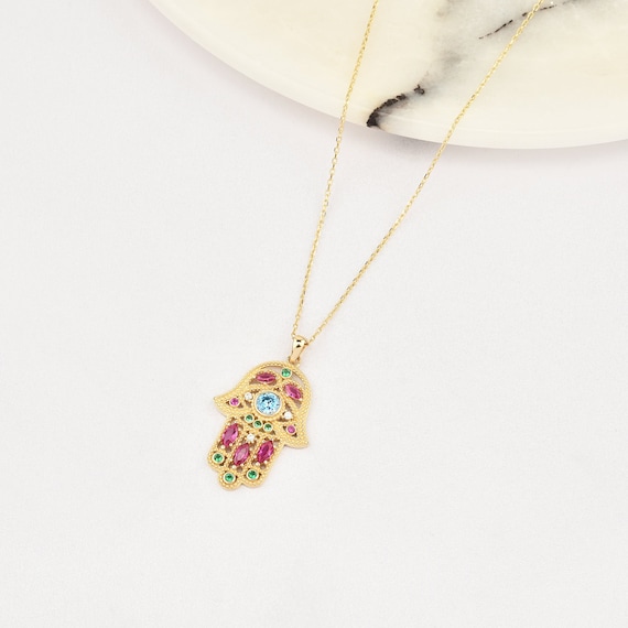 14K Gold Hamsa Necklace, Gold Hamsa Hand Necklace, Hamsa Hand Charm Necklace, Evil Eye Necklace, Hamsa Necklace, 14K Gold Necklace.