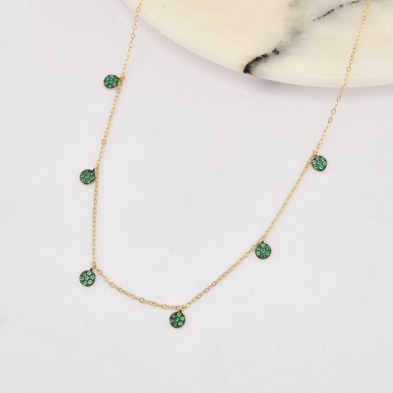 14K Gold Emerald Discs Necklace, Discs Necklace, Station Necklace, Disc Necklace, Emerald Necklace, 14K Necklace, Emerald Stones Necklace.