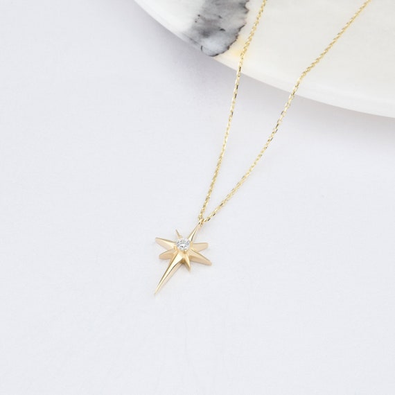 14K Gold North Star Necklace, North Star Necklace, North Star Charm Necklace, Star Necklace, Calestial Necklace, Diamond Option Available.