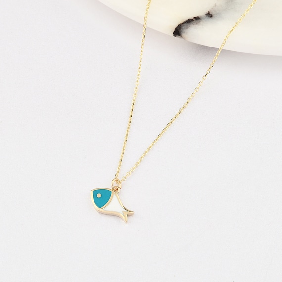 14K Gold Fish Necklace With Enamel, Gold Fish Necklace, Fish Charm Necklace, Fish Symbol Necklace, Enamel Necklace, 14K Gold Necklace.