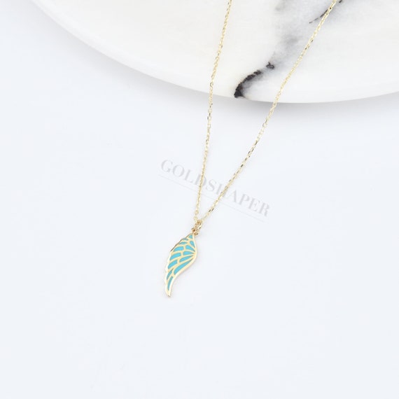 14K Gold Angel Wing Necklace With Enamel, Gold Angel Necklace, Angel Wing Charm Necklace, Wing Necklace, Angel Necklace, 14K Gold Necklace.