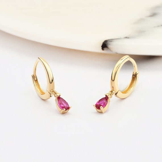 14K Gold Ruby Hoop Earrings, Ruby Gold Earrings, Ruby Stone Earrings, Pear Cut Ruby Earrings, Gold Hoop Earrings, Ruby.