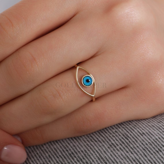 14K Gold Evil Eye Ring, Gold Eye Ring, Evil Eye Ring, Eye Ring, Eye Shape Ring, Nazar Ring, Evil Eye Symbol Ring, 14K Gold Ring.