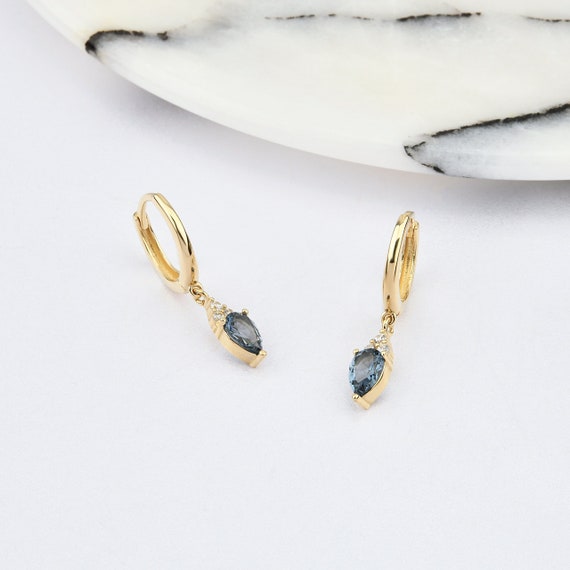 14K Gold Sapphire Hoop Earrings, Sapphire Gold Earrings, Sapphire Stone Earrings, Pear Cut Sapphire Earrings, Gold Hoop Earrings, Sapphire.