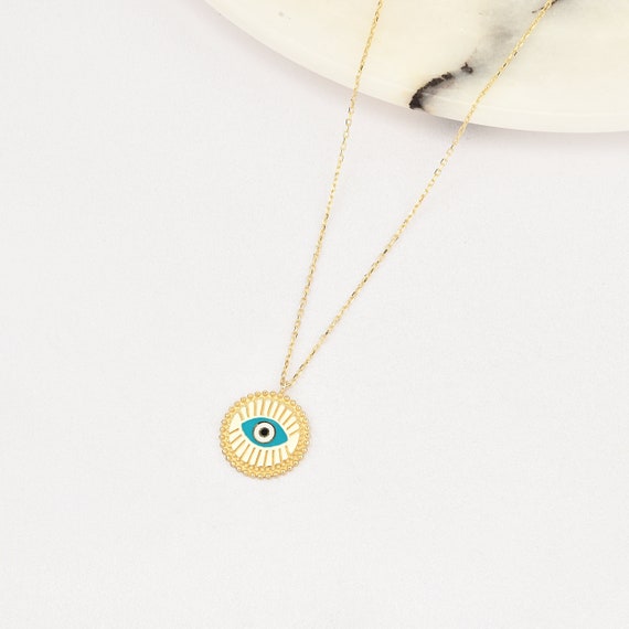 14K Gold Evil Eye With Enamel Necklace, Gold Evil Eye Necklace, Evil Eye Charm Necklace, Evil Eye Necklace, Eye Necklace, 14K Gold Necklace.
