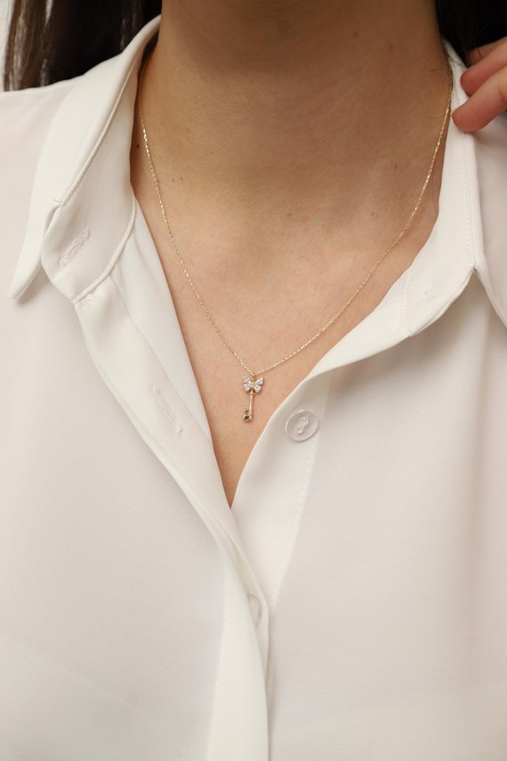 14K Gold Key Necklace, Gold Key Necklace, Key Necklace, Lucky Key Necklace, Key Charm Necklace, Key Symbol Necklace, 14K Gold Necklace.