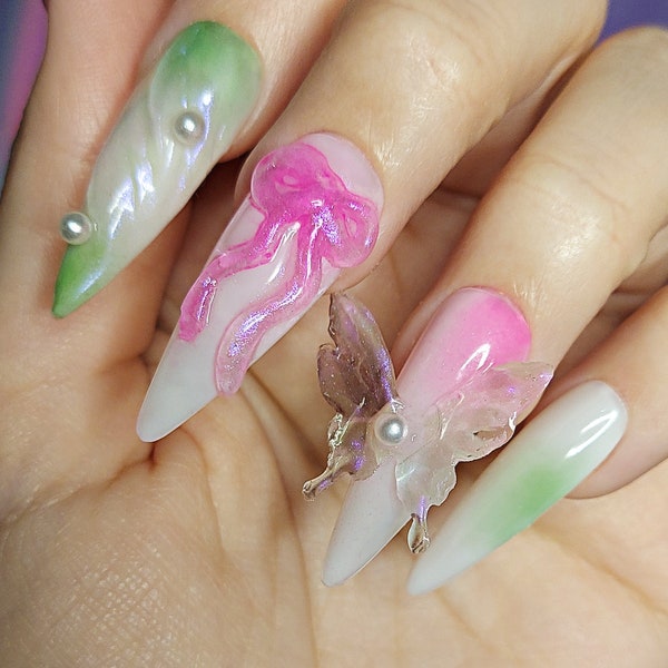 Winx Club Flora Nails | Press-on Nails | Y2K | Fairycore | Pink & Green Flower Nails | Fake Nails | Handmade