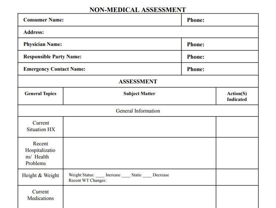Home Care Client Intake Form Non-medical Care Assessment Client ...