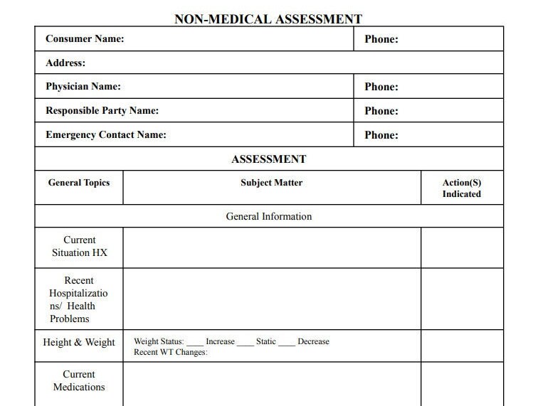 Home Care Client Intake Form Non-medical Care Assessment Client ...