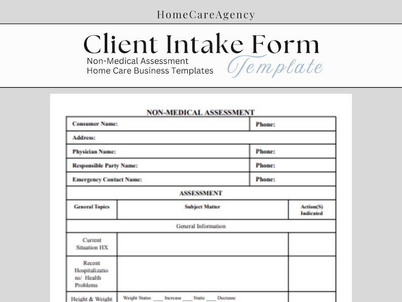 Home Care Client Intake Form Non-medical Care Assessment Client ...
