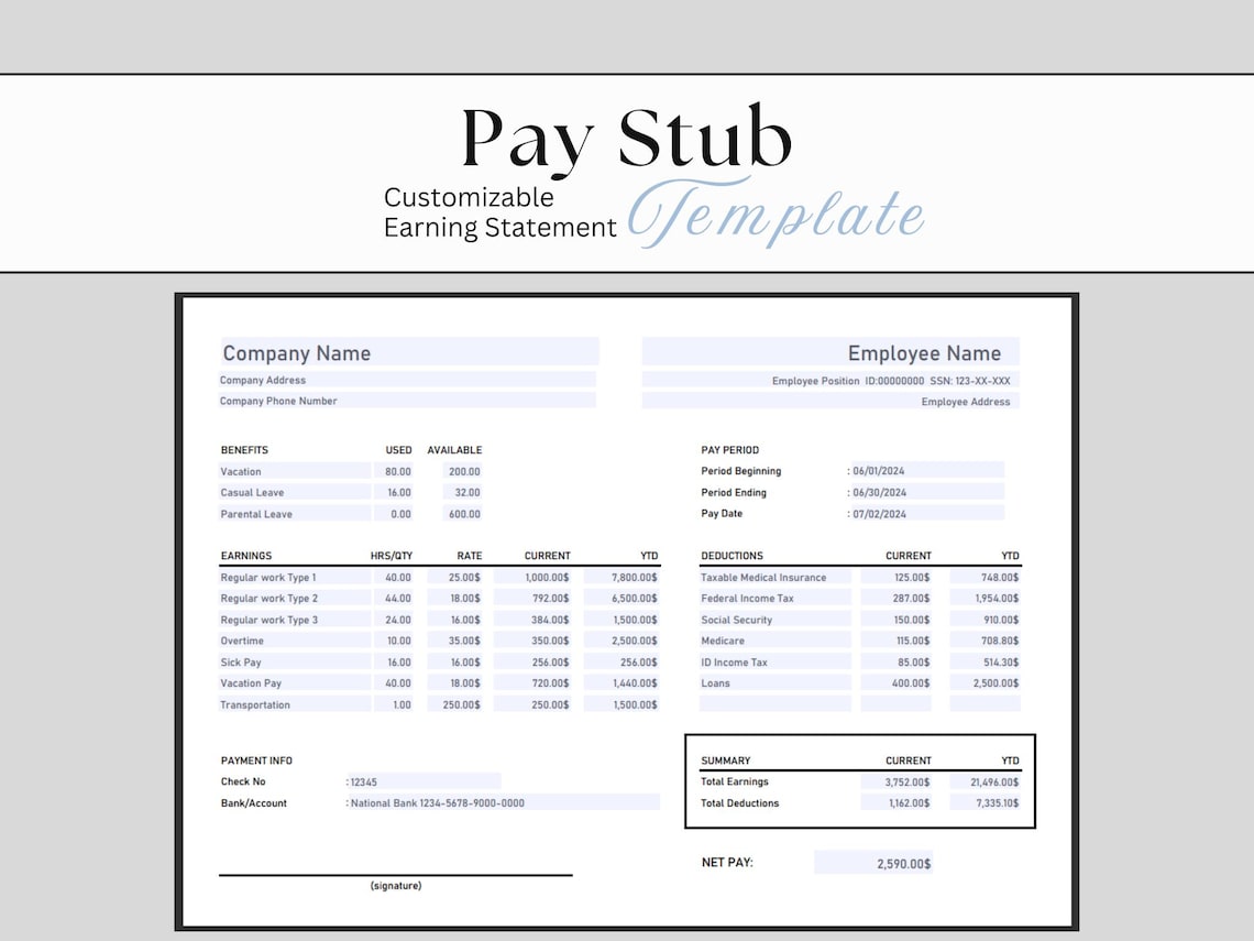 Pay Stub Template Fillable Earning Statement Employee Pay Stub Payroll