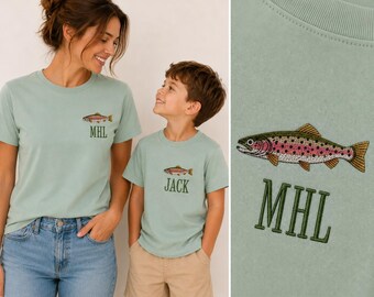 Personalisierte Fisch gestickte Mama und ich Hemden | Passende Familien Angeln T-Shirts