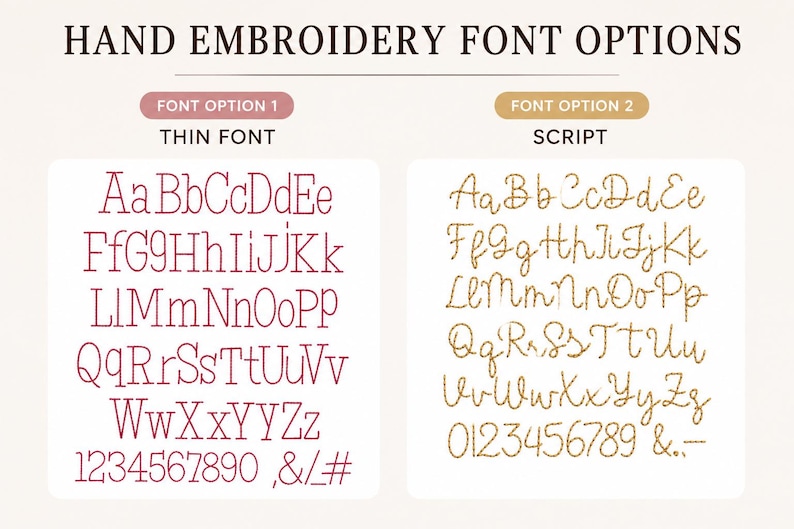 May include: A chart titled HAND EMBROIDERY FONT OPTIONS displays two styles. Font Option 1 is a thin, dark pink sans-serif alphabet and numbers 0-9. Font Option 2 is a gold, textured script alphabet, numbers 0-9, and symbols including an ampersand.