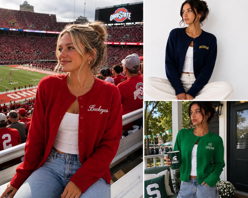 May include: A collection of three long-sleeve button-down cardigans in red, navy blue, and green. The red cardigan features the word Buckeyes, the navy blue one features the word Michigan, and the green one features the text Go Green.