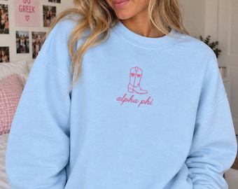 Besticktes Sorority-Sweatshirt, Cowboy-Stiefel-Herzmotiv, Comfort Colors Rundhalsausschnitt