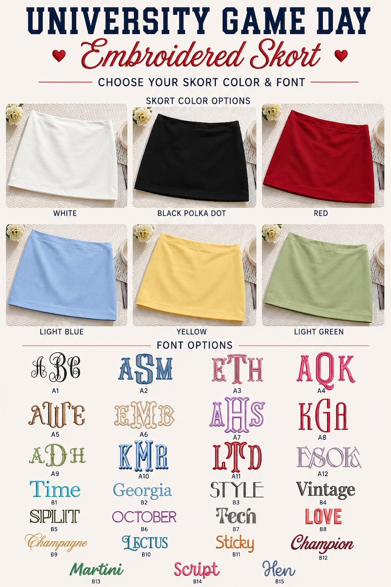 Pu&ograve; includere: Un annuncio per una gonna pantalone ricamata University Game Day che mostra sei modelli a tinta unita in bianco, nero, rosso, azzurro, giallo e verde chiaro. Sotto sono presenti ventiquattro opzioni di carattere etichettate da A1 a A12 e B1 a B15.