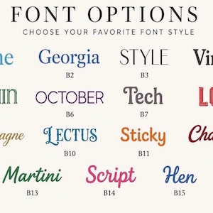 Op de afbeelding: Een lettertype-selectiekaart met de titel FONT OPTIONS CHOOSE YOUR FAVORITE FONT STYLE, met vijftien verschillende tekstvoorbeelden gelabeld van B1 tot B15. Elk voorbeeld toont een uniek lettertype in diverse kleuren, waaronder blauw, zwart, groen, paars, rood, goud, oranje, kastanjebruin en roze.