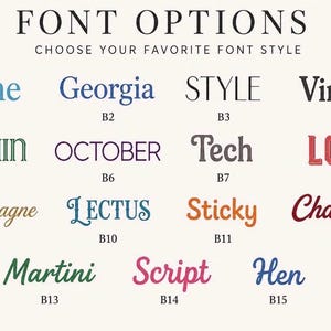 May include: A font selection chart titled FONT OPTIONS CHOOSE YOUR FAVORITE FONT STYLE, displaying fifteen distinct text samples labeled B1 through B15. Each sample features a unique typeface in various colors including blue, black, green, purple, red, gold, orange, maroon, and pink.