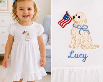 Personalisierte Hunderasse besticktes Hemd, Kleid oder Strampler, Outfit mit Flagge auf weißem Hintergrund