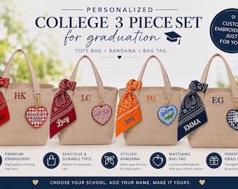 Set di borse tote personalizzate per il college / Borsa tote ricamata, bandana, ciondolo