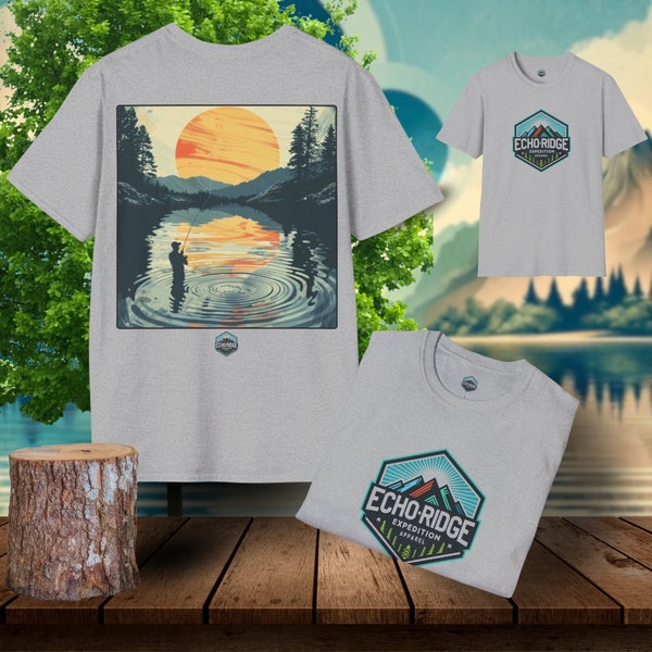 Solstice Sunset Fishing T-Shirt - Solitary Angler Print, Nature Wilderness Scene, Comfort Casual Outdoor Wear. Unisex Softstyle T-Shirt