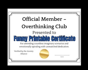 Official Member – Overthinking Club Certificate | Funny Printable Digital Download | Anxiety Humor Gift