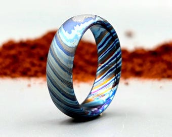 Zircoti Timascus ring, Black Titanium Damascus band, Mother's day gift, Personalized Wedding band