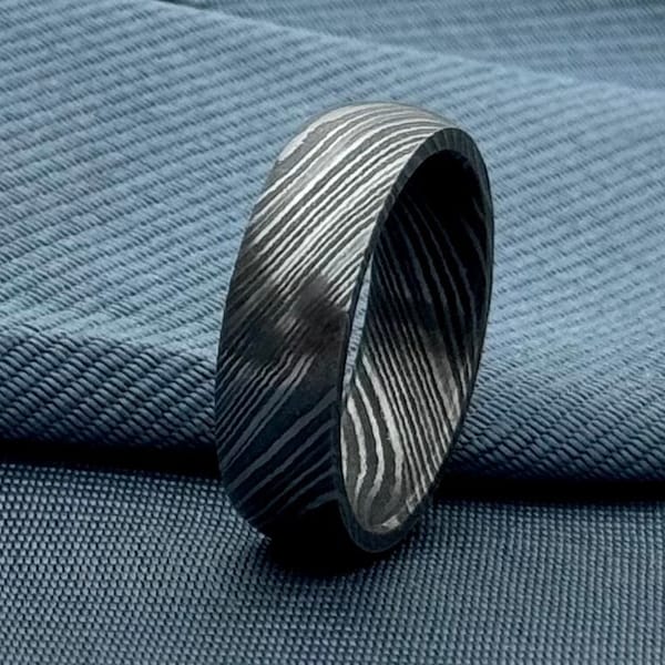 Simple Damascus Ring with Deep Pattern 6mm Domed Shape Ring Band for Him Aesthetic Band Ring Jewelry Durable Ring Handmade Damascus Ring