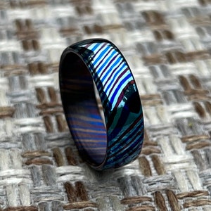Timascus Wedding Band Colorful Timascus Steel Ring Mens wedding Band Engagement Ring Gift for Him Domed shape Timascus Ring