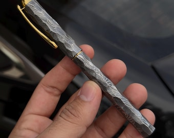 Handmade Damascus Steel Fountain Pen: Personalized Copper Pocket Clipper, Engraved Pen for Him Retirement Gift, Unique Pen Gift.