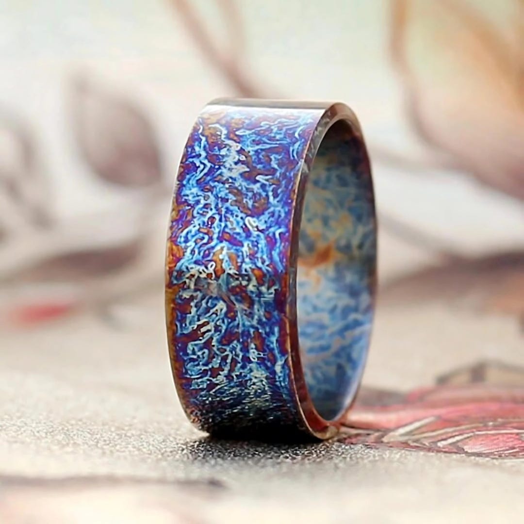 Heat Anodized Titanium Wedding Ring: Colorful Unique Pattern