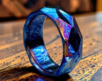 Handmade Titanium Ring, Diamond cut facet, Colorful Titanium mens wedding band