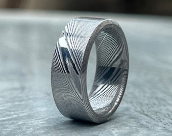 Mens Damascus Stainless Steel Ring, Handmade Jewelry, Mens Wedding Band, Plot Silver Pattern Wedding Ring, Gift for him, Anniversary