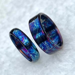Colorful Titanium Heat anodized Couple Titanium Ring HandMade Random Pattern Unique Titanium Anniversary Ring set Pair, Personalized Gifts