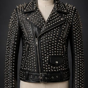 Schwarze Leder Nietenjacke für Männer & Frauen | Premium Handgefertigter Punk Rock Biker Style Mantel | Designer Metallic Jacke mit Nieten