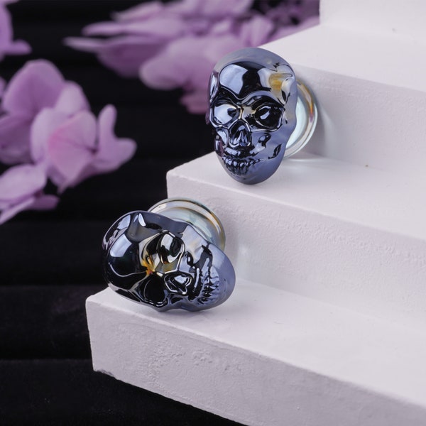 PAIR of Unique Skull Glass Double Flare Plugs Handmade Ear Gauges - 0g, 00g, 1/2', 9/16', 5/8', 11/16', 7/8', 1' - Includes Gift Box