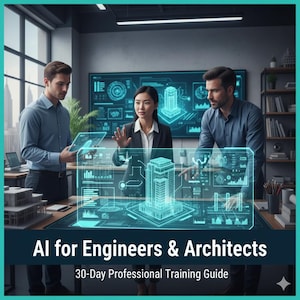Puede incluir: Imagen de tres personas en un entorno de oficina moderno interactuando con diseños arquitectónicos holográficos. El texto "AI for Engineers & Architects" y "30-Day Professional Training Guide" se muestra en la parte inferior de la imagen.