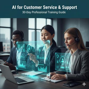 May include: Image of three people in business attire working at a desk with laptops and tablets. The image has the text "AI for Customer Service & Support" and "30-Day Professional Training Guide" at the top. The people are looking at holographic screens with data visualizations.