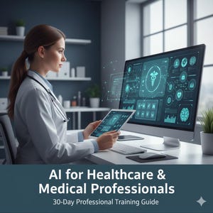May include: A medical professional in a white coat examines a tablet and computer screen displaying medical data visualizations. The text reads "AI for Healthcare & Medical Professionals" and "30-Day Professional Training Guide."