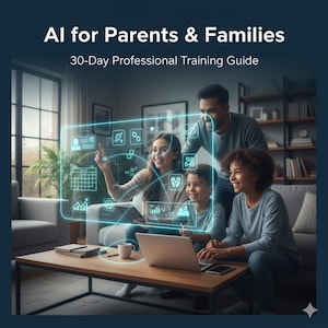 Op de afbeelding: Afbeelding van een gezin dat interactie heeft met een digitale interface, met de tekst "AI for Parents & Families" en "30-Day Professional Training Guide". Het gezin zit rond een laptop op een houten salontafel.