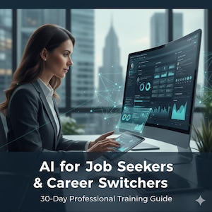 May include: A woman in a gray blazer and white shirt is working on a computer and tablet. The computer screen displays data visualizations. The image includes the text "AI for Job Seekers & Career Switchers" and "30-Day Professional Training Guide."