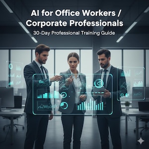 以下が含まれることがあります： スーツを着た3人のビジネスプロフェッショナルが、ホログラフィックデータディスプレイと対話しています。画像には「AI for Office Workers / Corporate Professionals」と「30-Day Professional Training Guide」の文字が含まれています。