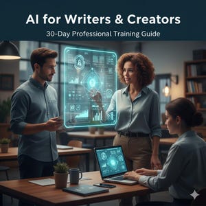May include: Image of three people in an office setting, with the text "AI for Writers & Creators" and "30-Day Professional Training Guide." A laptop and a digital display show data visualizations. The people are dressed in business attire.