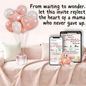May include: A soft pink blanket and pillows create a cozy scene. A bouquet of pink and white balloons floats above a gift box. A smartphone and tablet display an invitation with the text "Heartbeats". A pink teddy bear sits nearby.
