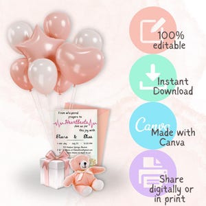 May include: A collection of pink and white balloons, including star and heart shapes, tied to an invitation card. The card reads "From whispered prayers to Heartbeats" and includes event details. A gift box and a teddy bear are also present.