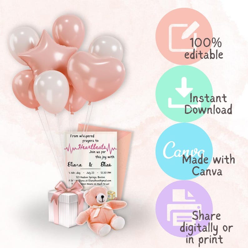 May include: A collection of pink and white balloons, including star and heart shapes, tied to an invitation card. The card reads "From whispered prayers to Heartbeats" and includes event details. A gift box and a teddy bear are also present.