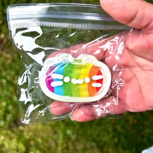 May include: A small, oval-shaped object featuring a vibrant rainbow-colored striped pattern with a white, stylized cat face design consisting of two eyes, a small mouth, and three whiskers on each side, enclosed in a clear plastic zip-top bag.