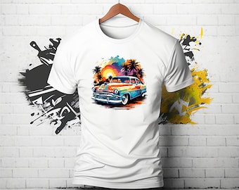 Unisex Baumwolle T-Shirt mit Vintage Oldtimer-Motiv im Sonnenuntergang für Männer und Frauen