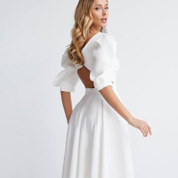 Courthouse wedding dress, white midi dress, half sleeve open back dress