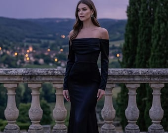Black Off Shoulder Floor-length Dress , Long Sleeve , Mermaid , Floor Length , Evening , Gala , XS to L